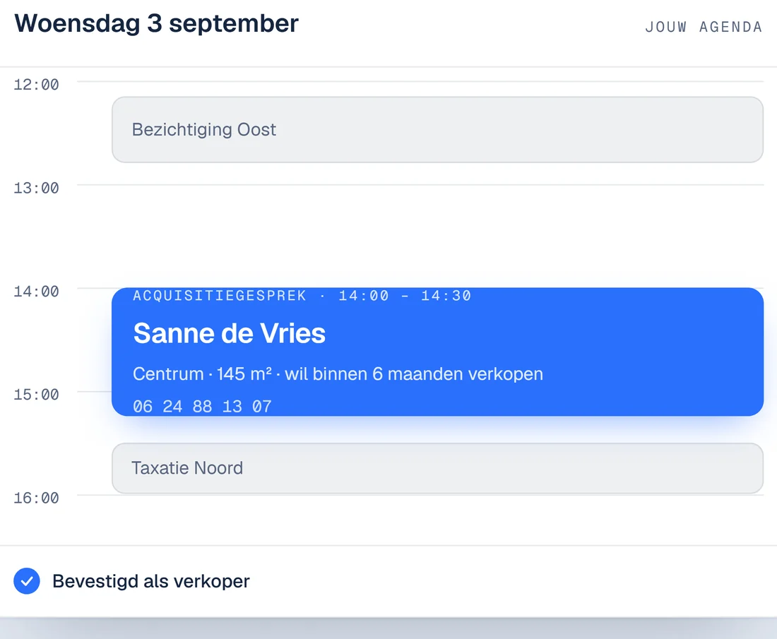 Voorbeeld van een agenda met een ingepland acquisitiegesprek, bevestigd als verkoper