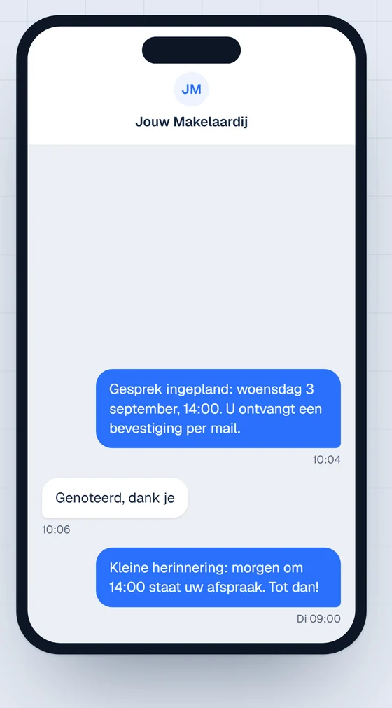 Voorbeeld van een herinnering per bericht de dag voor het gesprek