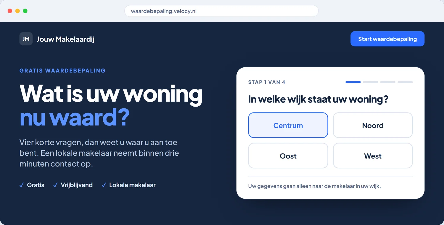 Voorbeeld van een landingspagina voor een gratis waardebepaling, met een formulier in vier stappen